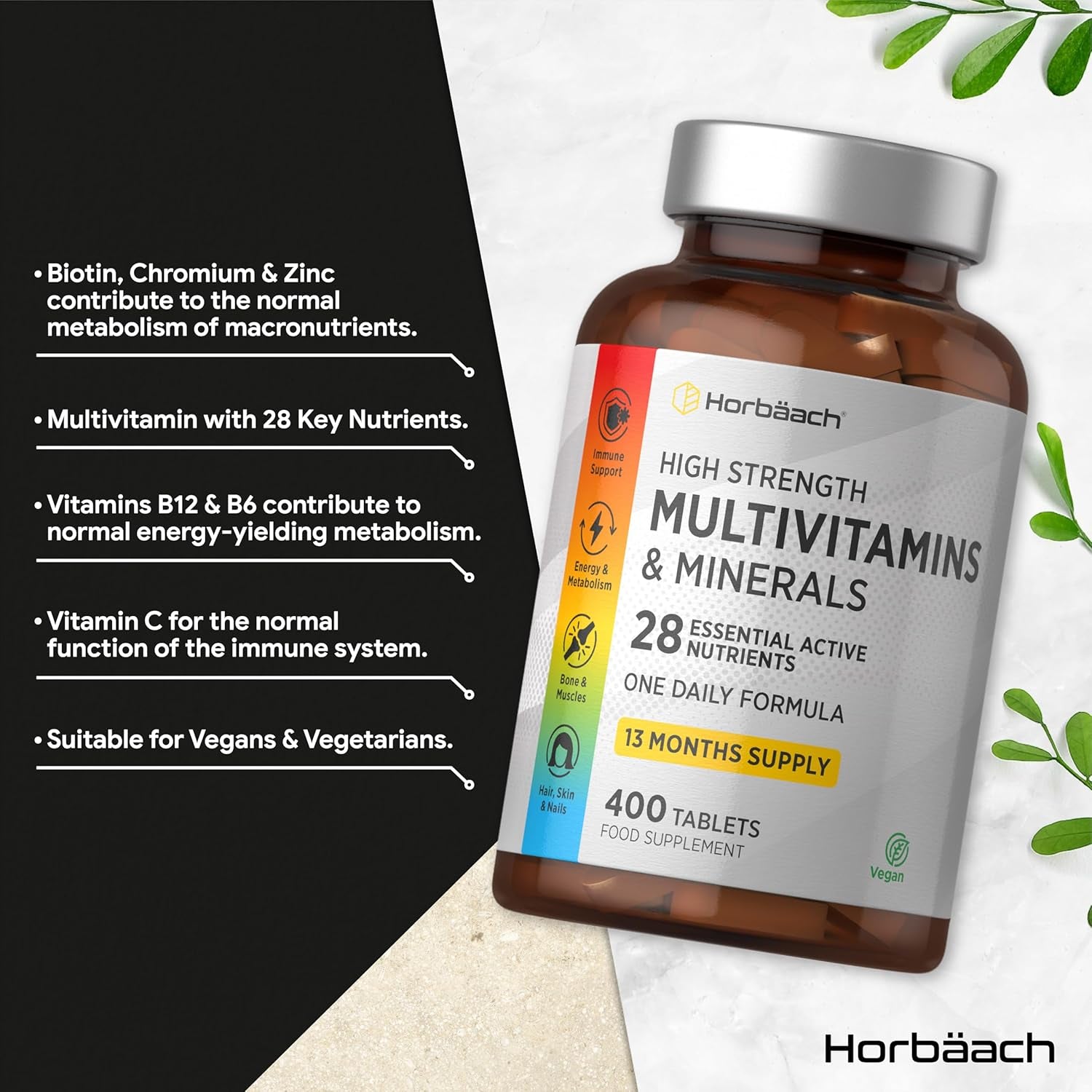 Multivitamin Tablets for Men and Women | 400 Count (13 Months Supply) | with 28 Essential Nutrients Including Vitamin D, B12, Zinc and Iron | A-Z Vitamins & Minerals | by Horbaach