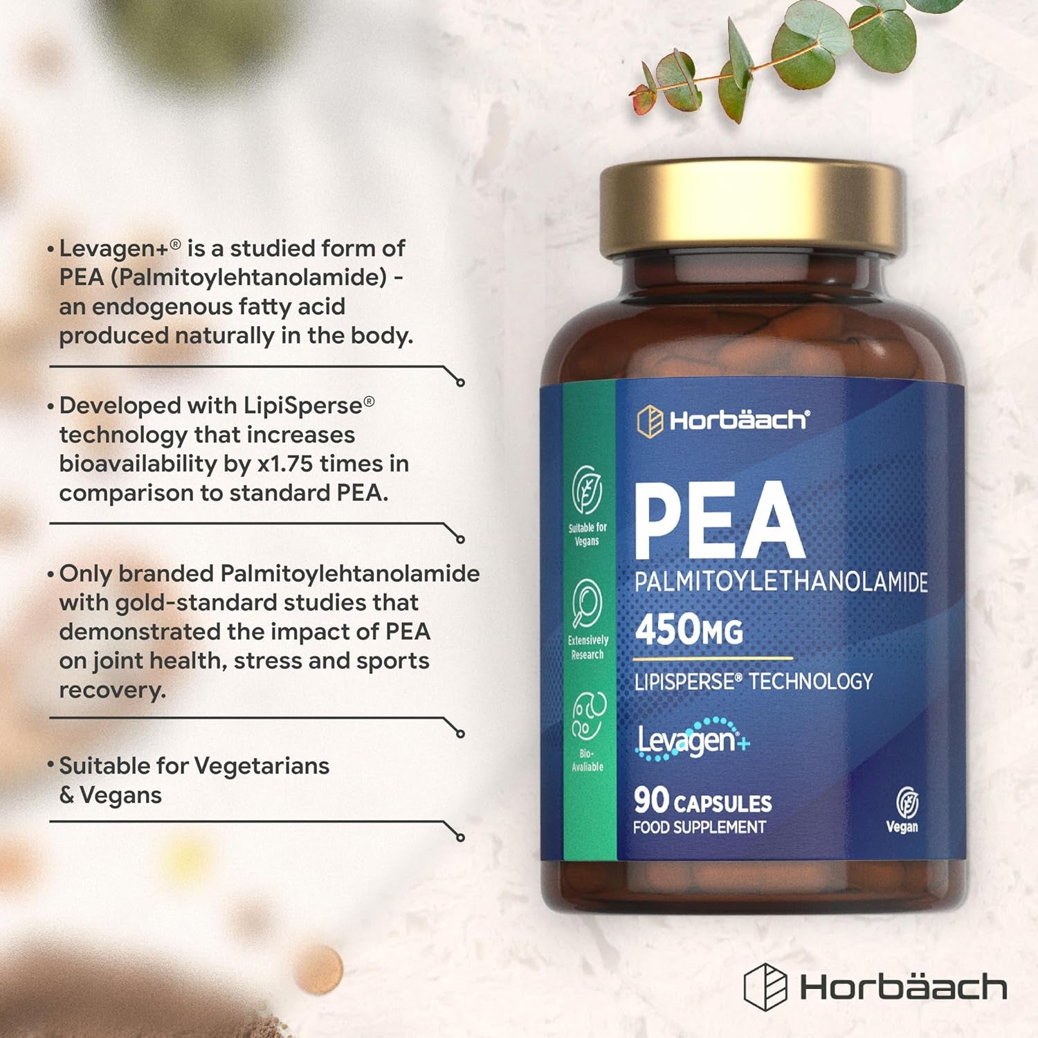 Palmitoylethanolamide Pea 450Mg | Levagen plus Pea | 90 Vegan Capsules | by Horbaach