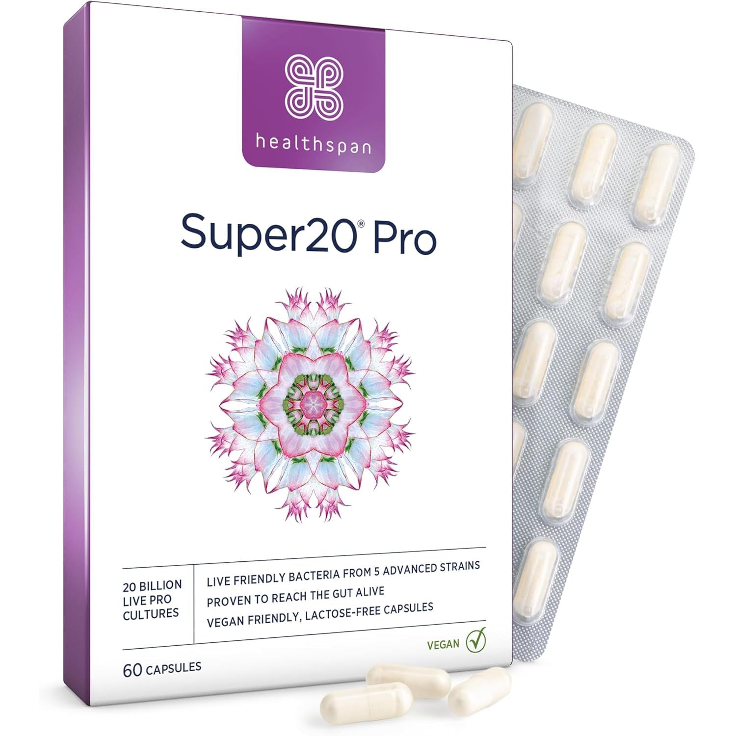 Healthspan Super20 Pro Supports a Healthy Gut (60 Capsuels) | Probiotic with 20 Billion Live Friendly Bacteria | from Five of the Best Strains | Promotes Friendly Bacteria in Your Gut | Vegan