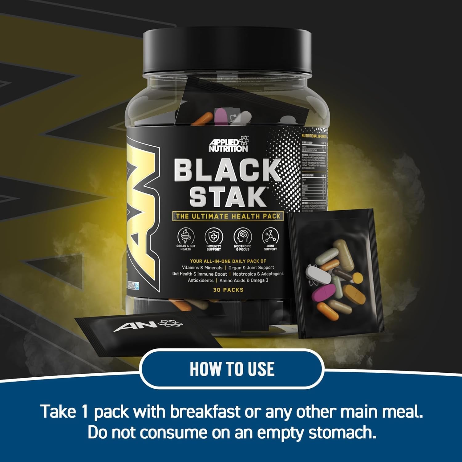 Applied Nutrition Black Stak - Complete Performance Complex - 30 All-In-One Sachets for Health and Immune Support with Multivitamins Antioxidants Aminos Minerals Enzymes and More