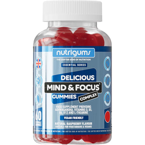 Mind & Focus Ashwagandha Gummy | Ashwagandha, L-Theanine, Vitamins D, B5, B6 & B12 | Raspberry Flavour | 60 Vegan Gummies | Cognitive Health, Nervous System and Mental Performance by NUTRIGUMS®
