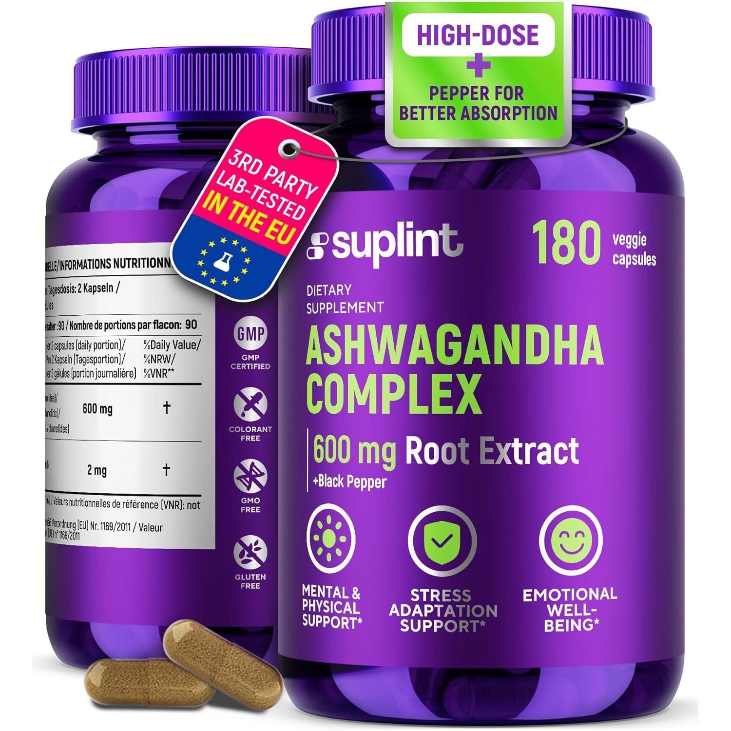 Ashwagandha Capsules – 600Mg Root Extract with 5% Withanolides – High Strength – 180 Vegan Capsules – Lab-Tested, GMP Certified, 3-Month Supply