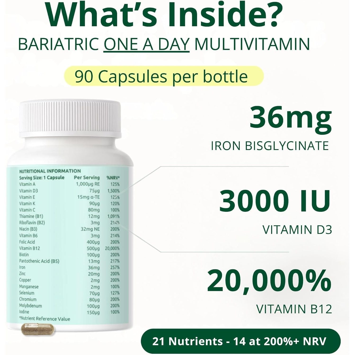 3 Month Supply - Bariatric Multivitamin with Iron 36Mg | One a Day Bariatric Vitamins for Gastric Bypass and Gastric Sleeve | ADEK Vitamins Bariatric Vitamin D and B12 | 90 Easy to Swallow Capsules