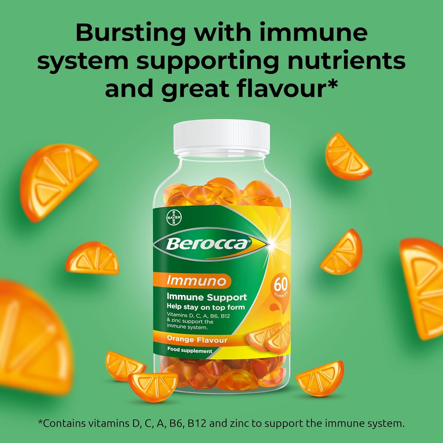 Berocca Immuno Multivitamin Gummies - Immune System Support Including Vitamin D, C, A, B-Complex (B6, B7, B12), E and Zinc - Supplement for Women, Men and Kids - 60 Gummies - Orange Flavour