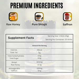 ZENOVA X Himalayan Shilajit Honey plus with Ashwagandha, Saffron, Ginseng | Gold Grade 100% Pure Honey and Shilajit | 15 Sticks for Energy Boost & Immune Support, 85+ Trace Minerals, 75%+ Fulvic Acid