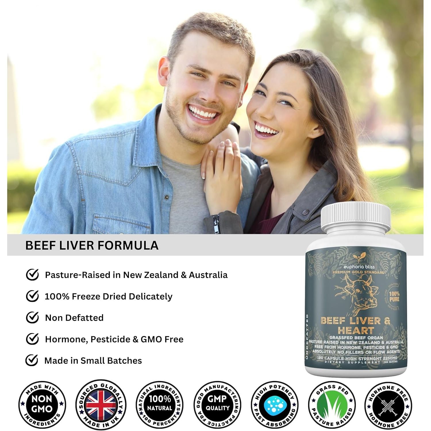 Grass Fed Desiccated Beef Liver & Heart Capsules 2250Mg (120 Pills, 750Mg Each) – Coq10 - Energy - Digestion – Heart - Detoxification Non-Gmo - Freeze Dried - Pasture Raised Undefatted in New Zealand