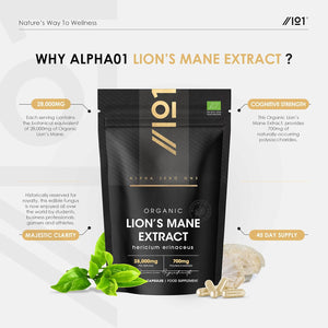 Organic Lions Mane Supplement 28,000Mg – 50% Polysaccharides (700Mg) – 90 Vegan Capsules – High Strength Mushroom Supplement – Resealable and Recyclable Pouch – by Alpha01
