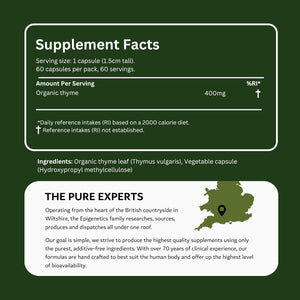 Organic Thyme 400Mg | Natural Thymus Vulgaris Herb Supplement | 60 Capsules | Vegan Friendly & Herbal UK Made | 60 Servings, 2 Month Supply by Epigenetics
