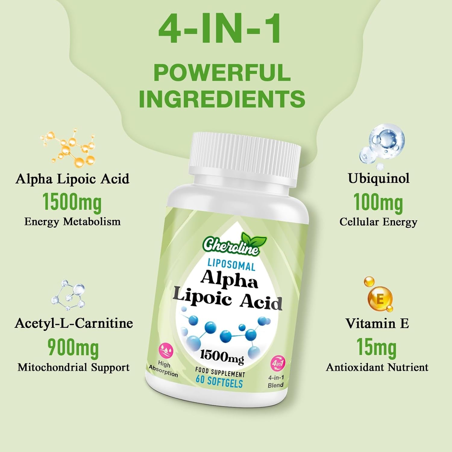 Alpha Lipoic Acid 1500Mg, Liposomal High Absorption ALA Supplement, 4-In-1 Formula with Acetyl-L-Carnitine, Ubiquinol & Vitamin E, Powerful Energy Support, 60 Softgels