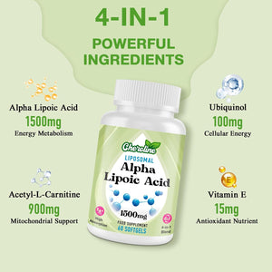 Alpha Lipoic Acid 1500Mg, Liposomal High Absorption ALA Supplement, 4-In-1 Formula with Acetyl-L-Carnitine, Ubiquinol & Vitamin E, Powerful Energy Support, 60 Softgels