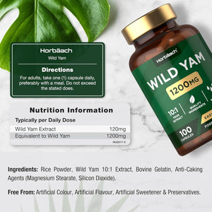 Wild Yam Capsules 1200Mg | High Strength Wild Yam Root Extract | 100 Capsules (Over 3 Months Supply) | Supplement for Men & Women | by Horbaach