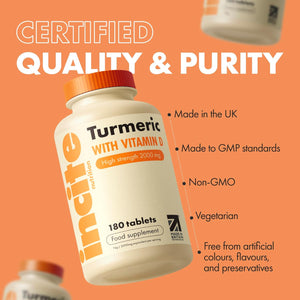 Incite Nutrition Turmeric Tablets 2000 Mg. 3 Month Supply of High Strength Curcumin with Vitamin D. Antioxidant, Anti-Inflammatory, Immune System Support. Non-Gmo and Suitable for Vegetarians