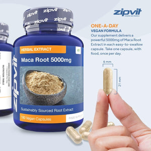 Zipvit Maca Root Capsules 5000Mg, Black Maca and Yellow Maca Combination High Strength Maca Root Powder Extract. 180 Vegan Capsules, 6 Months Supply. Vegetarian Society Approved.