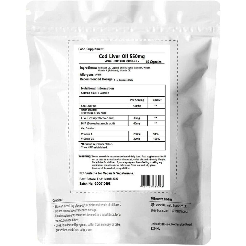 Ukhealthhouse High Strength Cod Liver Oil Vitamin a & D, EPA, DHA Softgels 550Mg (60 Capsules)