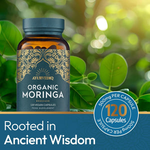 Ayurvediq Wellness Organic Moringa Capsules 500Mg, 120 High Strength Moringa Powder Capsules – Soil Association Certified Moringa Oleifera Powder - Vegan Ayurvedic Products
