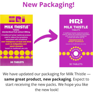 HRI Milk Thistle 30 Tablets - to Relieve Symptoms Associated with over Indulgence of Food and Drink Such as Indigestion and Upset Stomach. 300 Mg of Milk Thistle Extract. 1 Pack