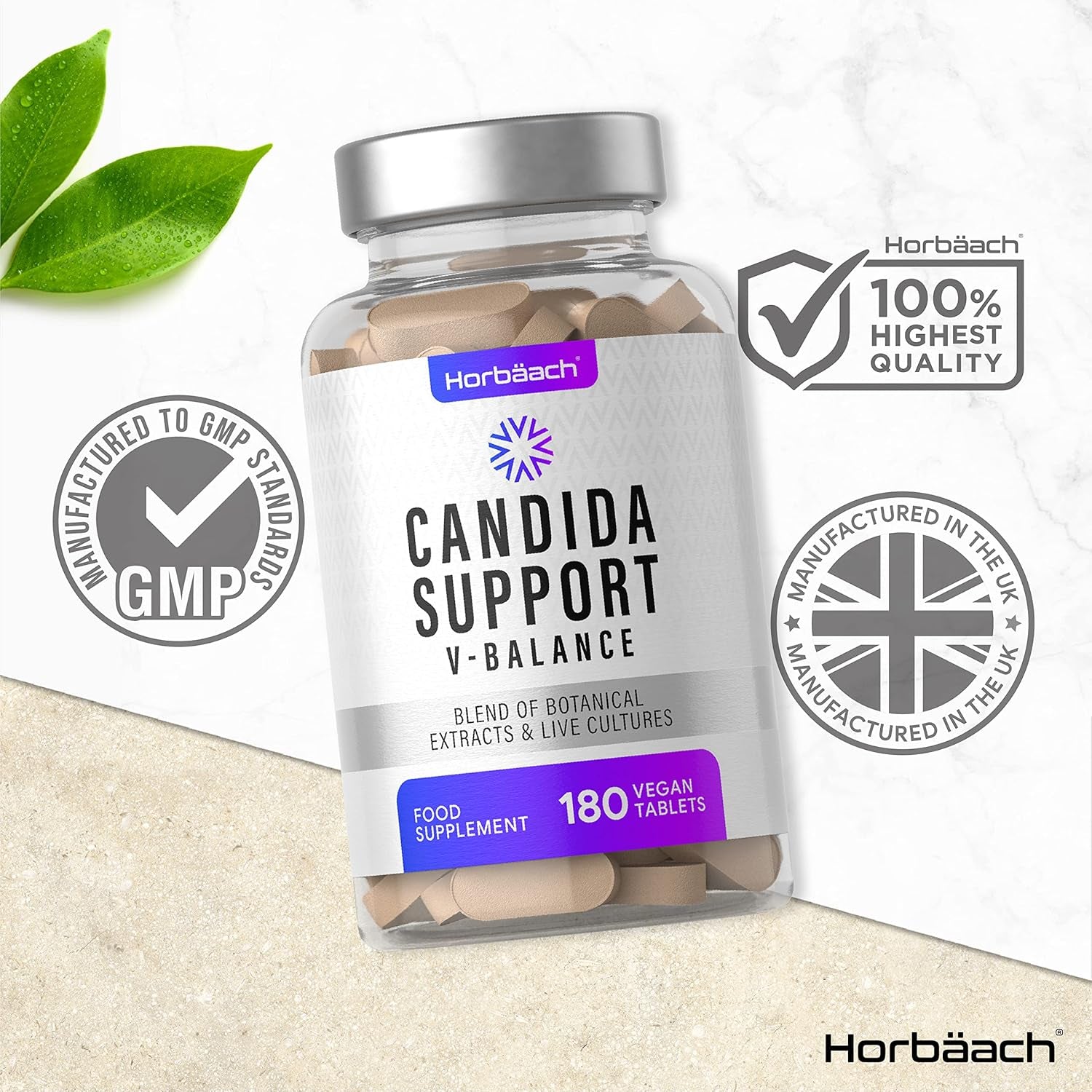Candida Support | 1 Billion CFU | Botanical & Live Culture Formula with Oregano, Zinc, Garlic, Lactobacillus & More! | 180 Vegan Tablets | by Horbaach