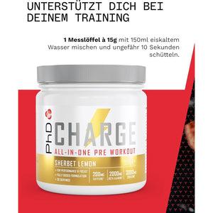 Phd Charge, All in One Pre Workout Powder with Creatine for Women and Men, Rich in Beta Alanine, High Caffeine for Pre-Workout, Sherbert Lemon Flavour, 20 Servings per 300G Bottle