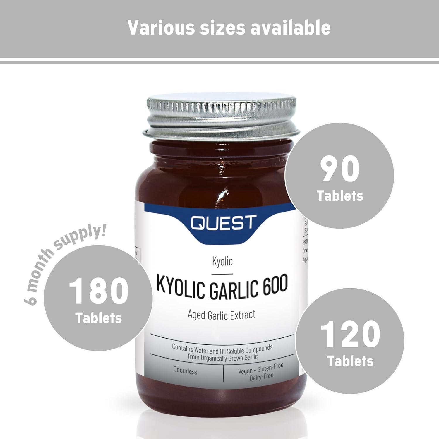 Quest Kyolic Garlic 90 Tablets - 600Mg High Strength Odourless Agedgarlic Extract for Heart, Liver & Immune Function. Daily Supplement, Improve Circulation, Liver Detox & Immunity (Pack of 1)