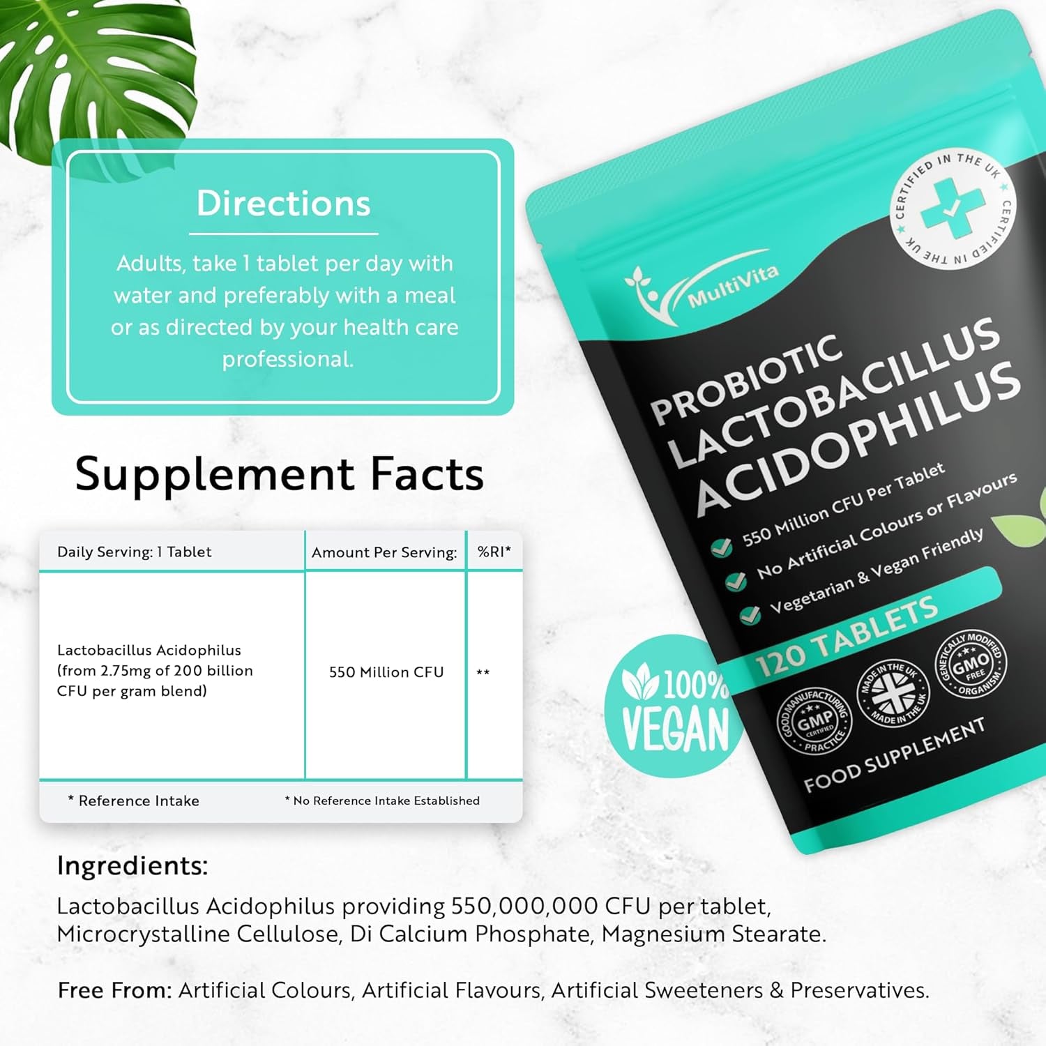 Acidophilus Lactobacillus Probiotic - 120 X 550 Million CFU Tablets - Supports Healthy Gut Microbiome & Digestion System - Reduce Bloating - Probiotic Supplements for Men & Women - Vegan and GMO Free