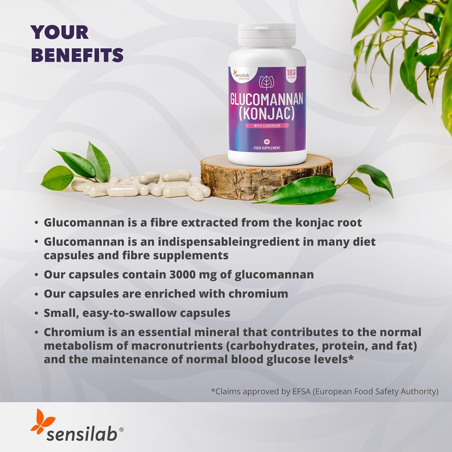 Glucomannan (Konjac) 3000 Mg High Dose Capsules with Chromium, Vegan, Additives Free, Allergen Free, Non-Gmo, 180 Capsules by Sensilab Essentials