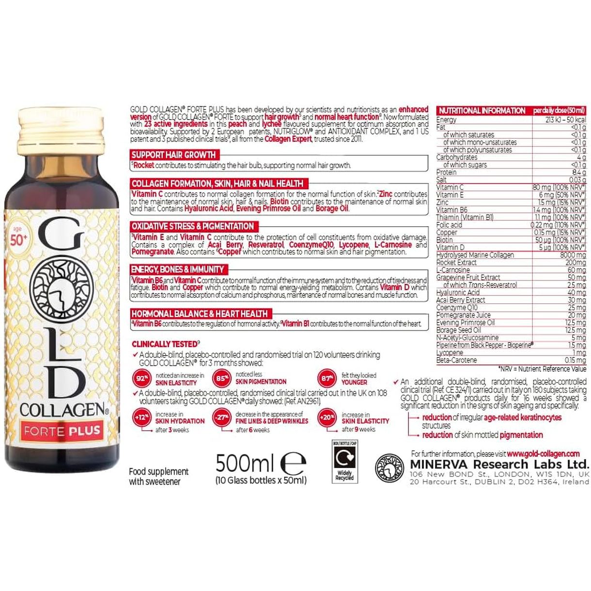 GOLD COLLAGEN New Forte plus - Collagen Supplements for Women & Men with Biotin Hair Growth, Skin & Immune System Booster with 8G of Marine Collagen, Vitamin C & Hyaluronic Acid, 1 Pack 10X50Ml