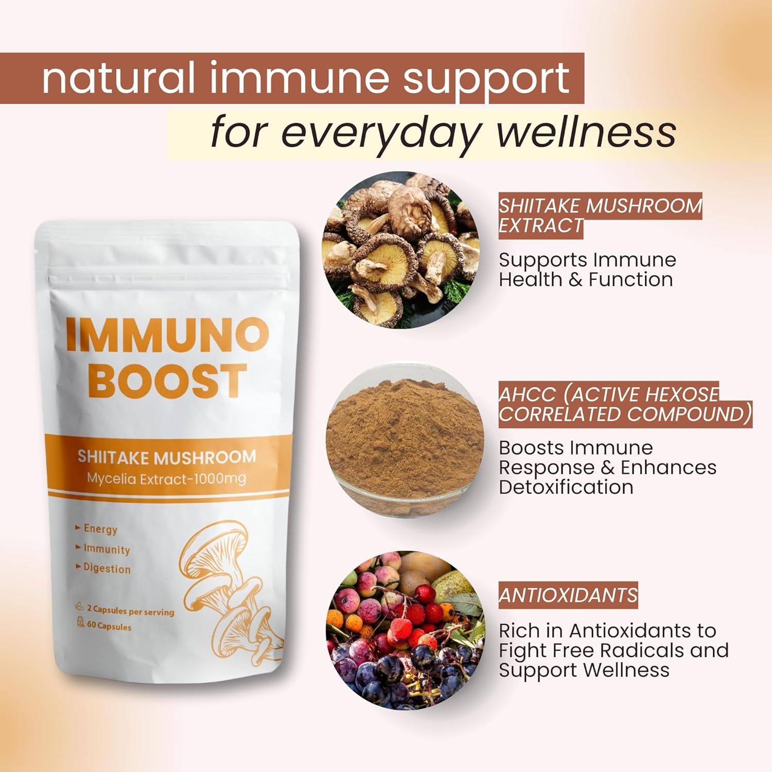 AHCC Supplement – Liver Detox & Immune Support – Immunoboost Shiitake Mushroom Extract 1000Mg – Cholesterol & Gut Health – UK Made – 60 Capsules