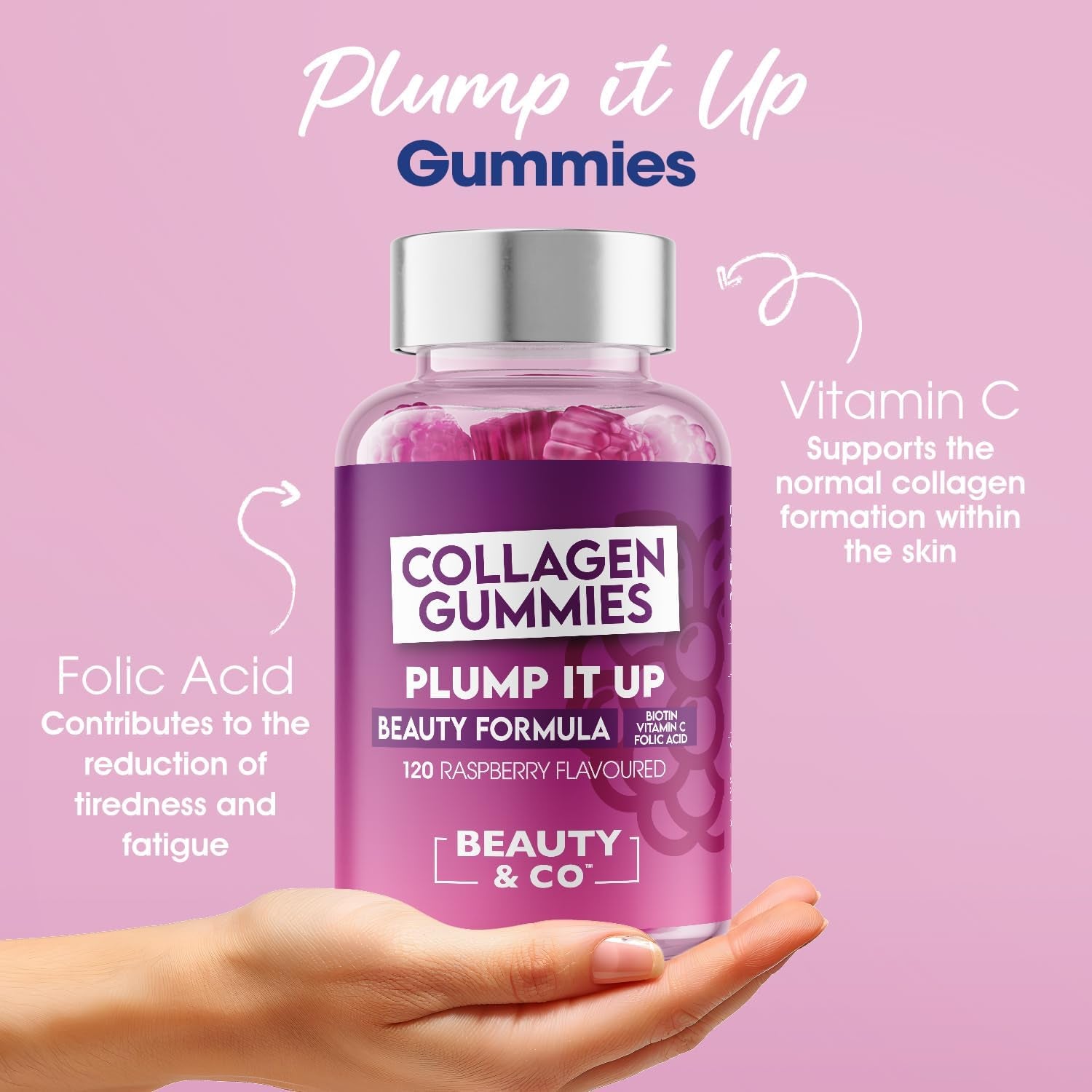 Collagen Gummies - Plump It up Raspberry-120 High Strenght Marine Collagen Gummies 500Mg per Serving with Biotin, Vitamin C & Folic Acid from Beauty & Co. (120)