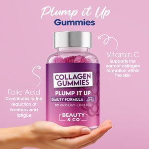 Collagen Gummies - Plump It up Raspberry-120 High Strenght Marine Collagen Gummies 500Mg per Serving with Biotin, Vitamin C & Folic Acid from Beauty & Co. (120)