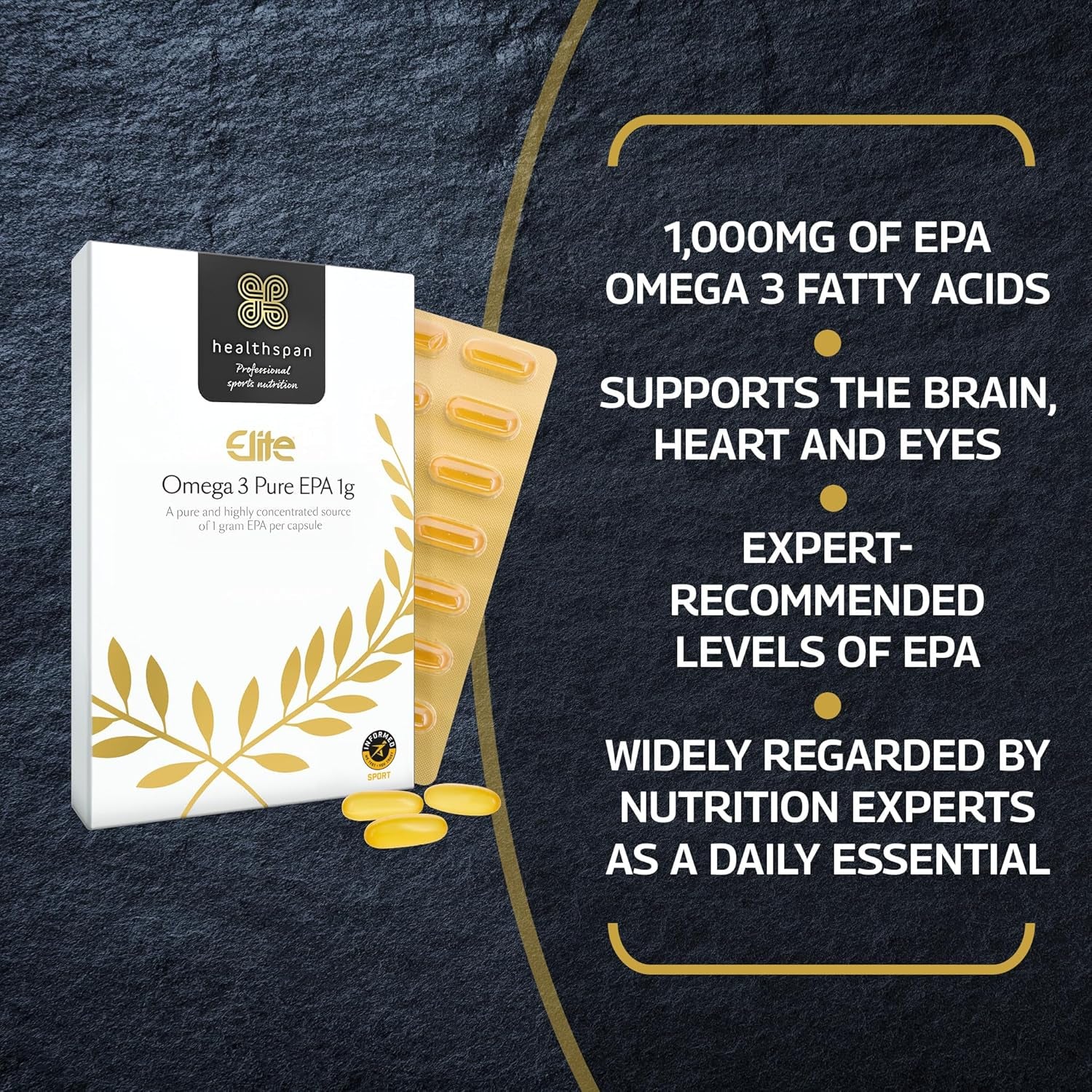 Healthspan Elite Omega 3 Pure EPA 1G | 60 Capsules | All Blacks Official Partner | Support Brain, Eye & Heart Health | 1,000Mg EPA Omega 3 Fatty Acid | Informed Sport Accredited | Lemon Flavoured
