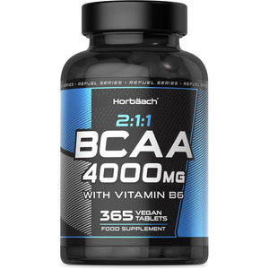 BCAA Tablets 4000Mg | 365 Vegan Tablets | Essential Amino Acid Supplement with Vitamin B6 | 2:1:1 Ratio | BCAA Powder and Capsules Alternative Pre Workout | by Horbaach