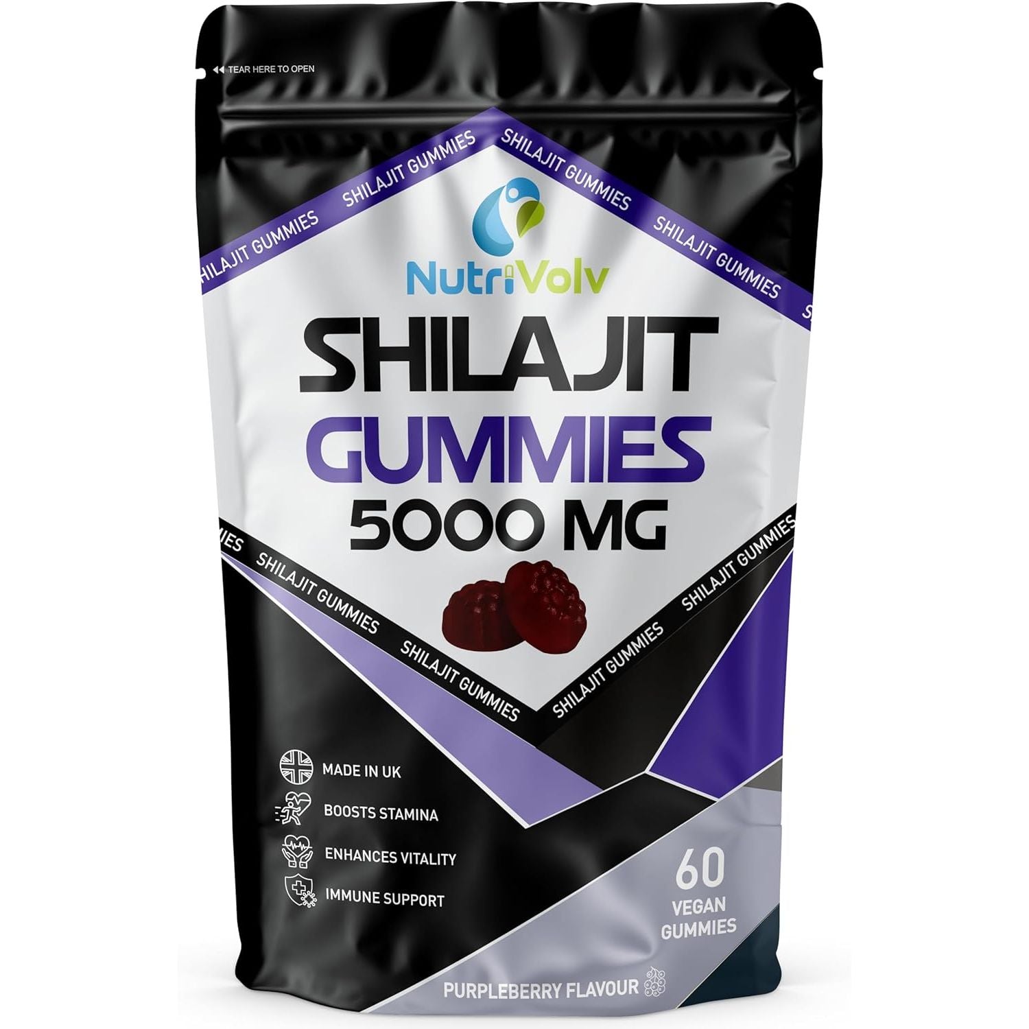 Himalayan Shilajit Gummies | 5000Mg High Strength | 60 Count | Pure Shilajit for Men and Women | Purpleberry Flavoured | Vegan | 85+ Trace Minerals, Rich in Fulvic Acid | Energy Immune | by Nutrivolv