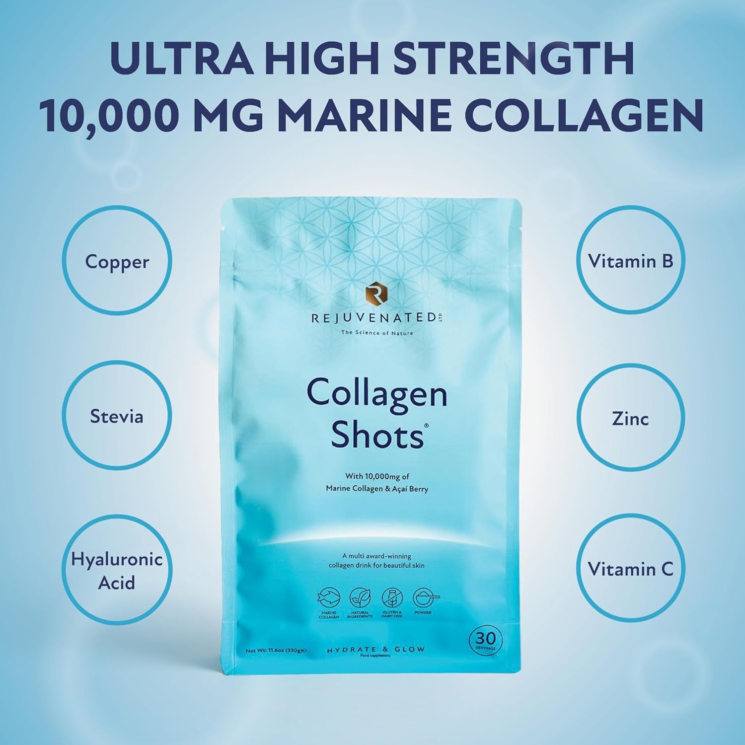 Rejuvenated Collagen Shots - 10,000 Mg Marine Collagen Supplement Drink with Antioxidants, Vitamins & Hyaluronic Acid (30 Servings)