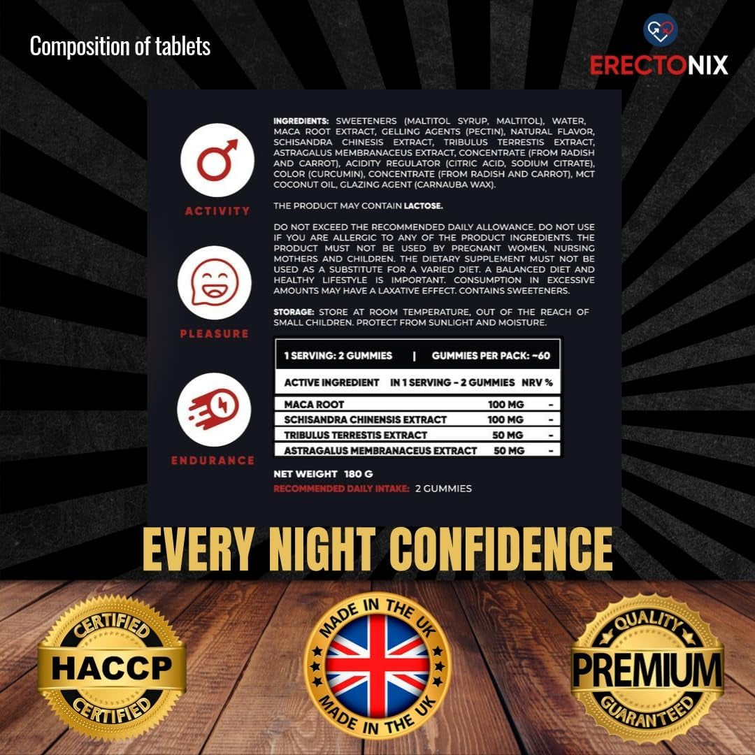 ERECTONIX 60 Gummies for Men - with Maca Root, Tribulus and More - Designed to Boost High Stamina - Men’S Strong Dietary Supplement UK Original
