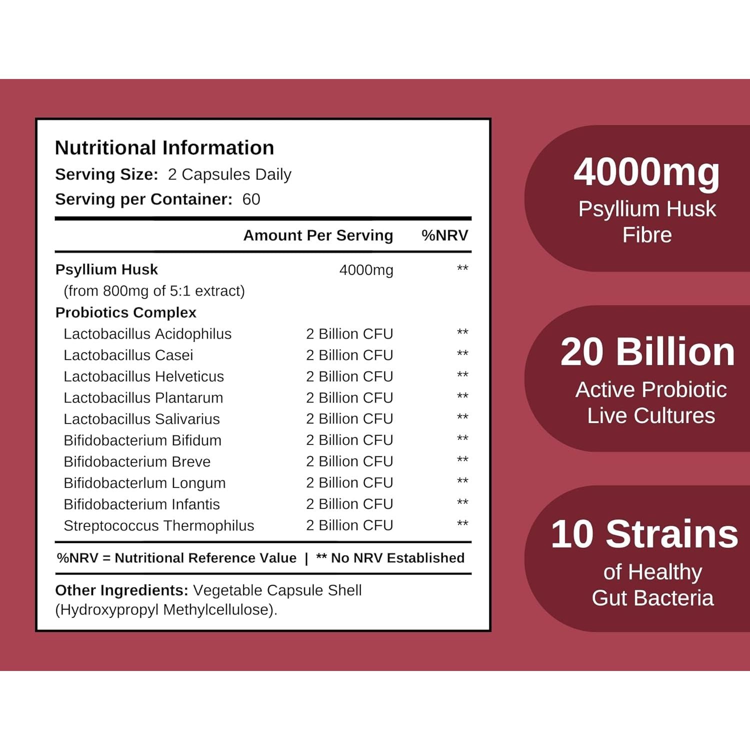 Powerful 4000Mg Psyllium Husk Fibre with Probiotics – 20 Billion CFU with 10 Strains – Natural Easy to Absorb Fibre from Plantago Ovata Seeds - 120 Capsules to Promote Regularity & Digestive Health