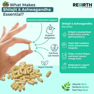 Shilajit Capsules 60 Vegan Capsules - 1300Mg per Serving with Ashwagandha Root Extract, 60% Fulvic Acid, Pure High Strength Shilajit Supplement for Stamina and Stress -