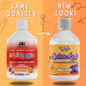 Gene Blast Active Kids Liquid Multivitamin Supplement, Minerals, and Super Greens for Children Aged 3-16 | 29 Essential Nutrients | Child Vitamins, Body Energiser Health, Growth & Development – 500Ml