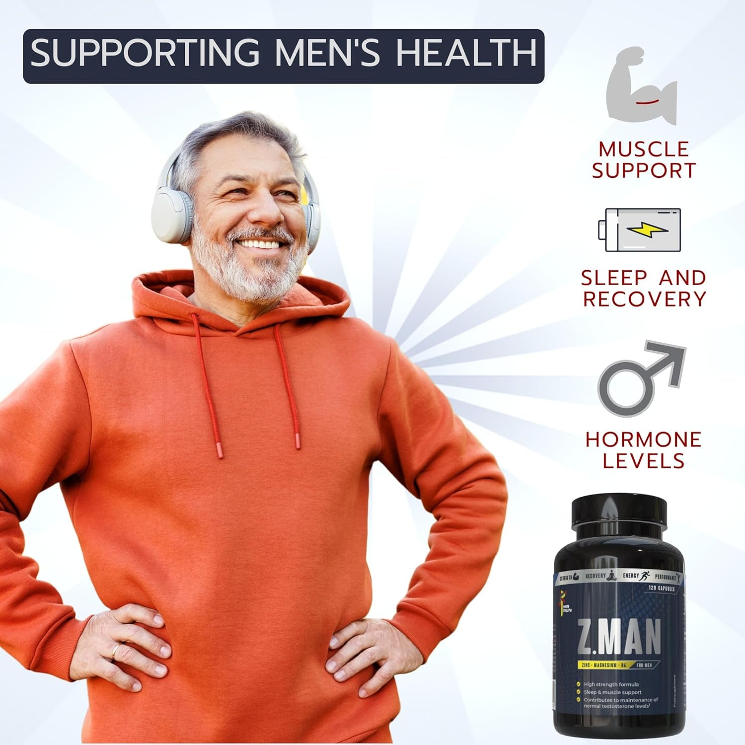 Zinc Magnesium Supplement for Men, 120 Capsules - Muscle & Sleep Support, High Strength Magnesium Zinc Tablets with VIT B6 - Muscle Growth Recovery Performance - Vegan, UK Made - 60 Servings