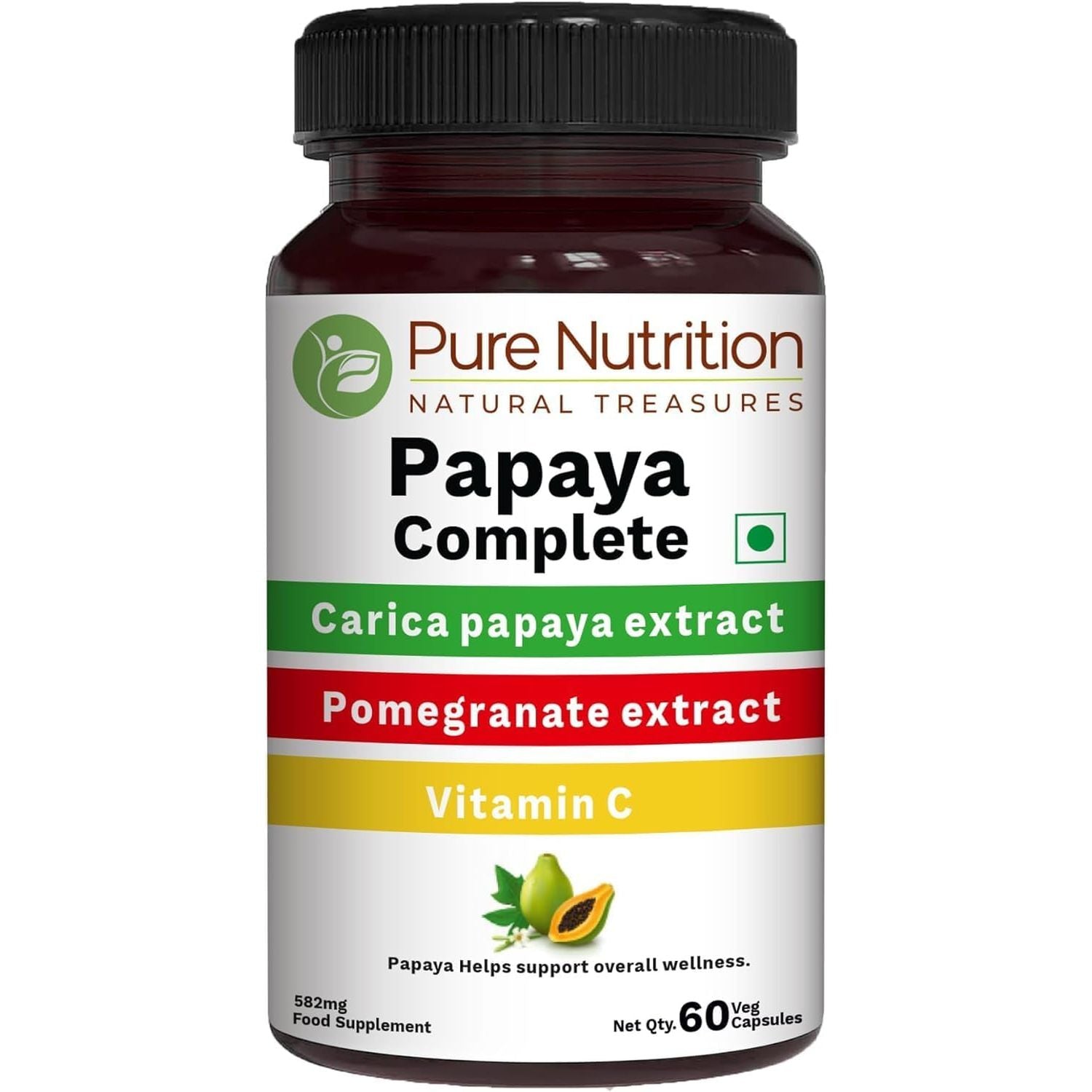 Pure Nutrition Papaya Complete | 60 Caps | Carica Papaya Leaf Extract with Iron VIT C, VIT a & Folic Acid | Supports Platelet Immunity & Digestion Non-Gmo | Gluten-Free