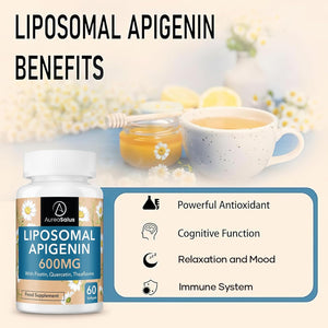 Apigenin 600Mg, Optimal Dose Liposomal Apigenin Softgels for Sleep, Relaxation & Mood, Powerful Flavonoid, with Fisetin, Quercetin and Theaflavins (60 Count (Pack of 1))