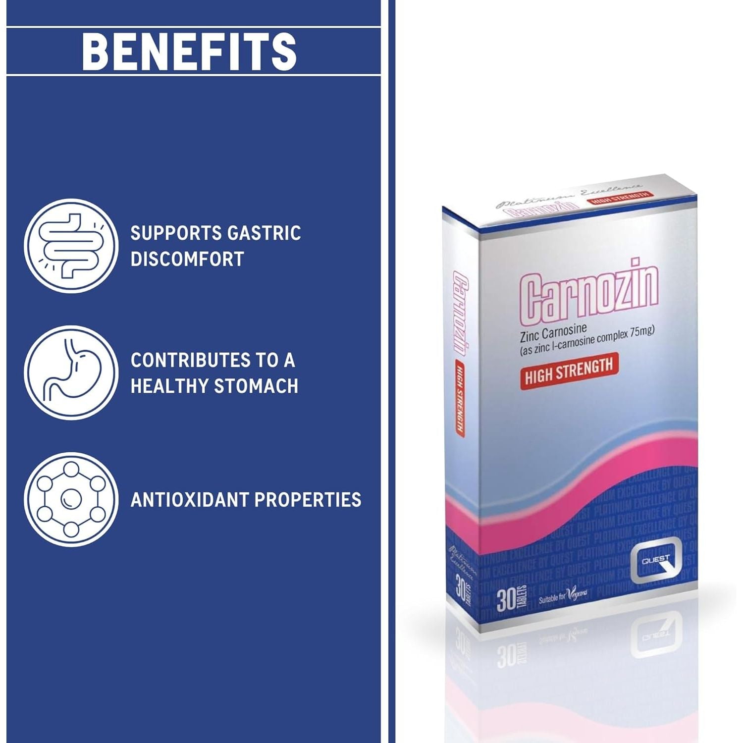 Quest Carnozin (Pack of 30) - Zinc Carnosine Complex Supplement for Gastro Protection & Healing (75Mg per Tablet). High Strength Anti-Inflammatory Tablets. Suitable for Vegans.