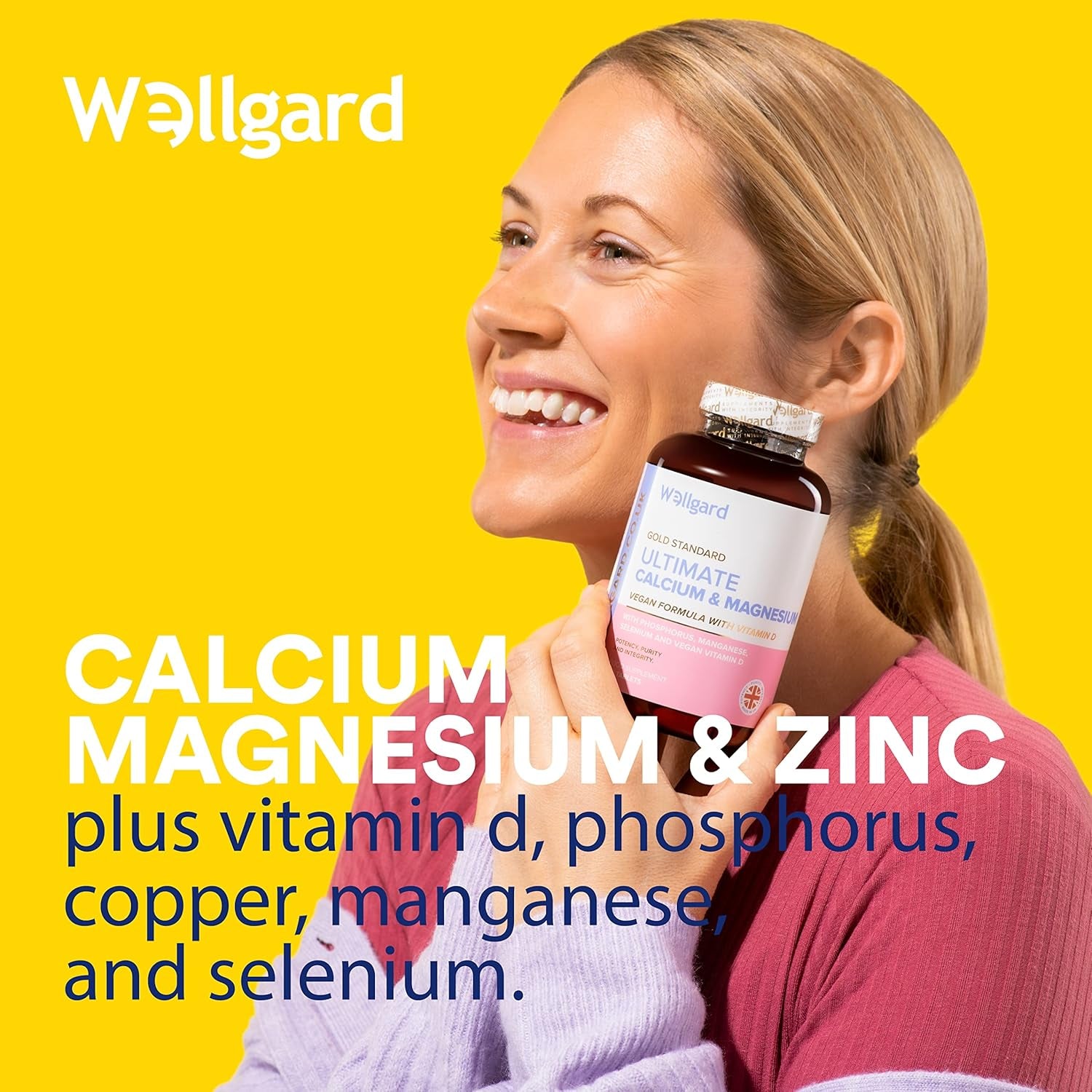 Wellgard Vegan Calcium Magnesium Zinc and Vitamin D Capsules - Calcium Supplement, Calcium Tablets with Phosphorus, Manganese, Selenium, Copper, Made in UK