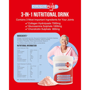 Collagen plus 3-In-1 Powder for Women & Men - Orange Flavoured & Dissolves Easily. with Vitamin C, Glucosamine, Chondroitin & Collagen for Joints - Yeast, Lactose & Gluten Free - 350G