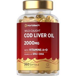 Cod Liver Oil Capsules High Strength | 2000Mg | 360 Count | with Omega 3, Vitamin D and a | with 171Mg of DHA and 151Mg of EPA | Rich in Omega 3 Fatty Acids | by Horbaach