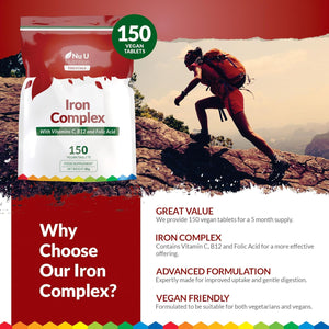 Iron Supplement - 150 Vegan Tablets - Complex with Vitamin C, B12 and Folic Acid - High Strength Ferrous Fumarate 14Mg per Tablet - Energy Support for Women & Men - Made in the UK - Nu U Nutrition