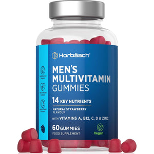 Multivitamin Gummies for Men | 60 Count | Natural Strawberry Flavour | 14 Key Nutrients with Vitamin A, B12, C, D and Zinc | Suitable for Vegans and Vegetarians | by Horbaach
