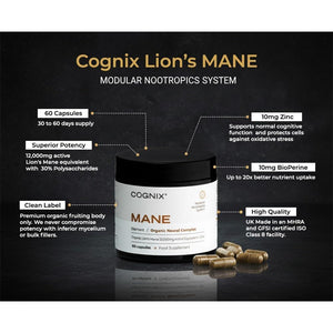 High Potency Lions Mane Supplement 12,000Mg with Zinc for Normal Cognitive Function & Cell Protection - Maximum Strength Organic Lions Mane - 30% Polysaccharides - UK Made 60 Capsules (30 Servings)