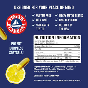 Triple Strength Omega 3 Fish Oil 3600 Mg | EPA & DHA | over 2100Mg Omega-3 Fatty Acids | 1300Mg EPA + 860Mg DHA | Best Essential Fatty Acids | Premium Wild Caught & Burpless Fish Oil | 120 Ct