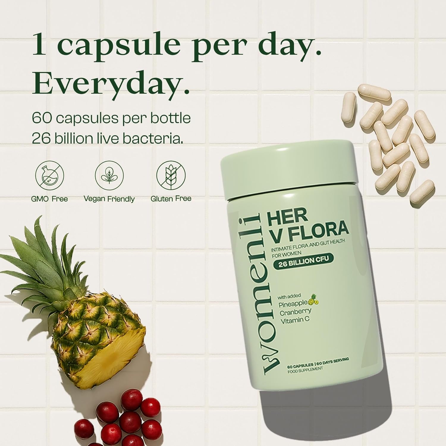 Prebiotics & Probiotics for Women - 26 Billion CFU Flora with Cranberry, Vitamin C & Pineapple | Bio Cultures for Women'S Intimate Flora & Gut Health | 60 Vegan Capsules | Her V Flora by Womenli