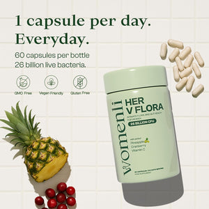 Prebiotics & Probiotics for Women - 26 Billion CFU Flora with Cranberry, Vitamin C & Pineapple | Bio Cultures for Women'S Intimate Flora & Gut Health | 60 Vegan Capsules | Her V Flora by Womenli